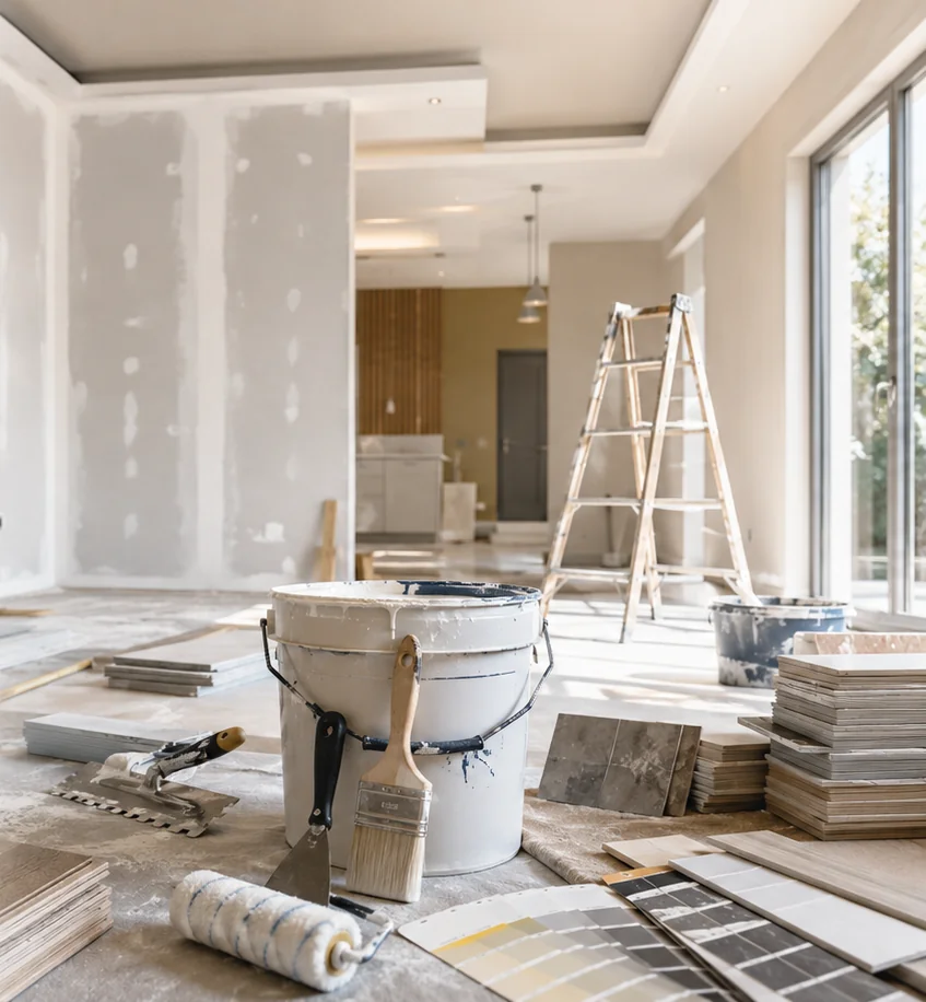 Chantier de rénovation : cloisons en plâtre, pot de peinture, pinceau, rouleau et carrelage prêts à poser